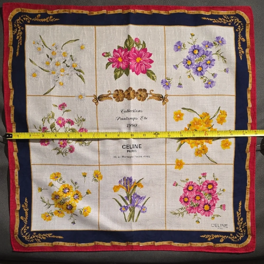 Vintage Celine Floral Silk Scarf with Navy and Red Border